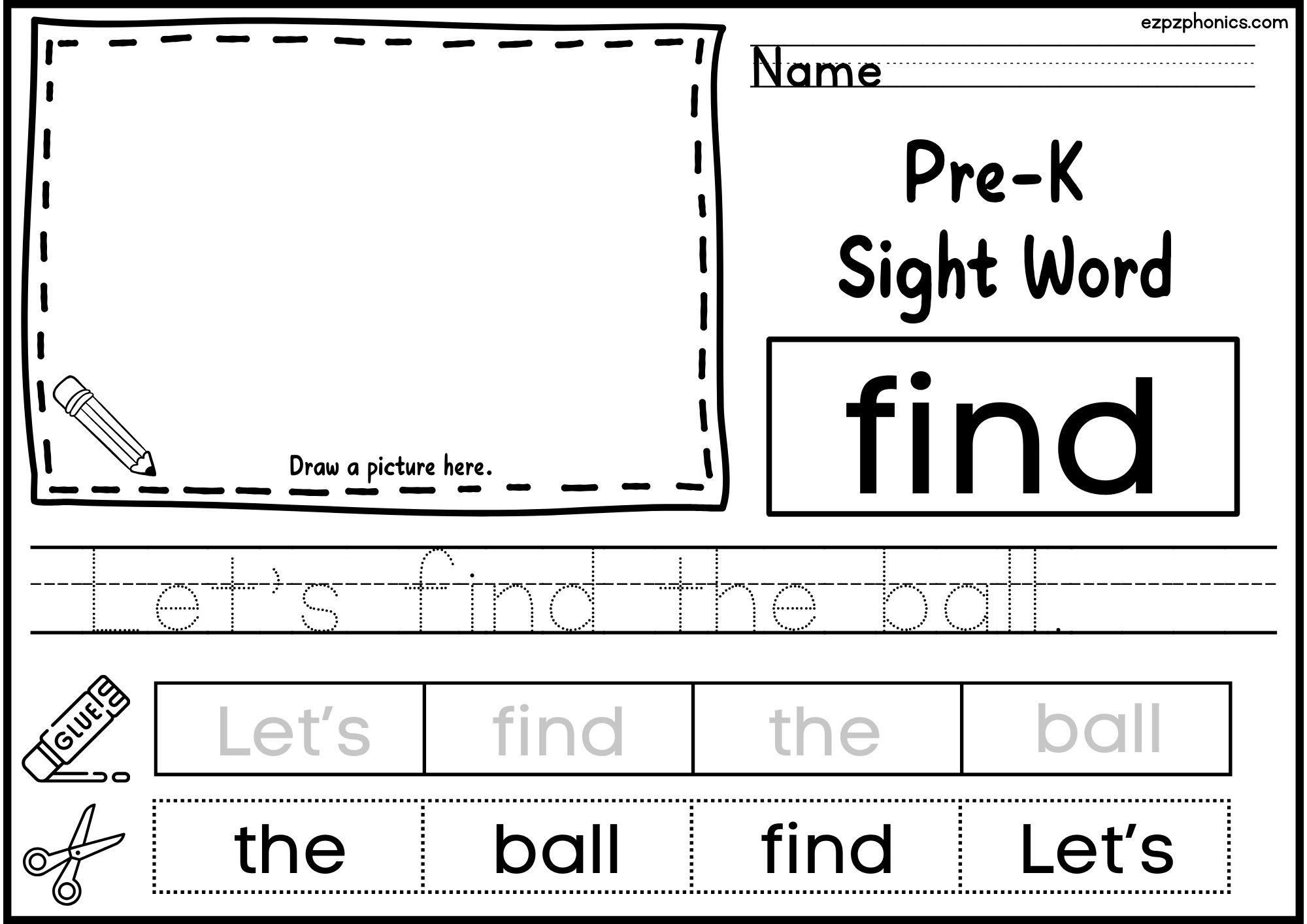 Find Dolch Sight Word Activity. Draw, Color, Cut and Paste, and Word Tracing.